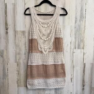 C. Luce Boho Crochet Lace Dress Small Ivory Taupe Colorblock Sleeveless Festival